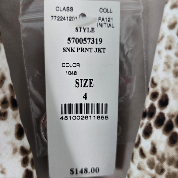 $148 WHBM Sbake Print Jacket Women Sz 4 One Button Padded Long Sleeve New - Picture 10 of 14